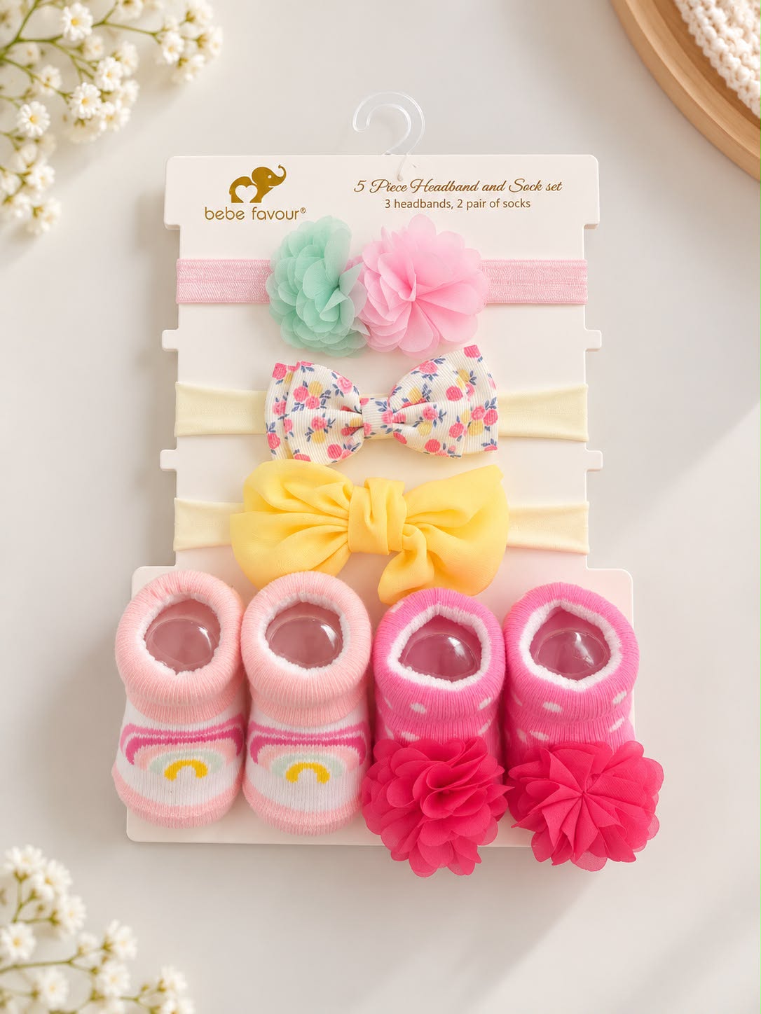 Baby Girls’ Headband & Sock Set – 5-Piece Floral & Rainbow