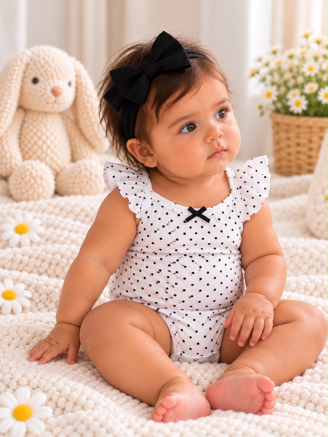 Baby Girls’ Frill Bodysuits & Bow Headbands – 6 Piece Set