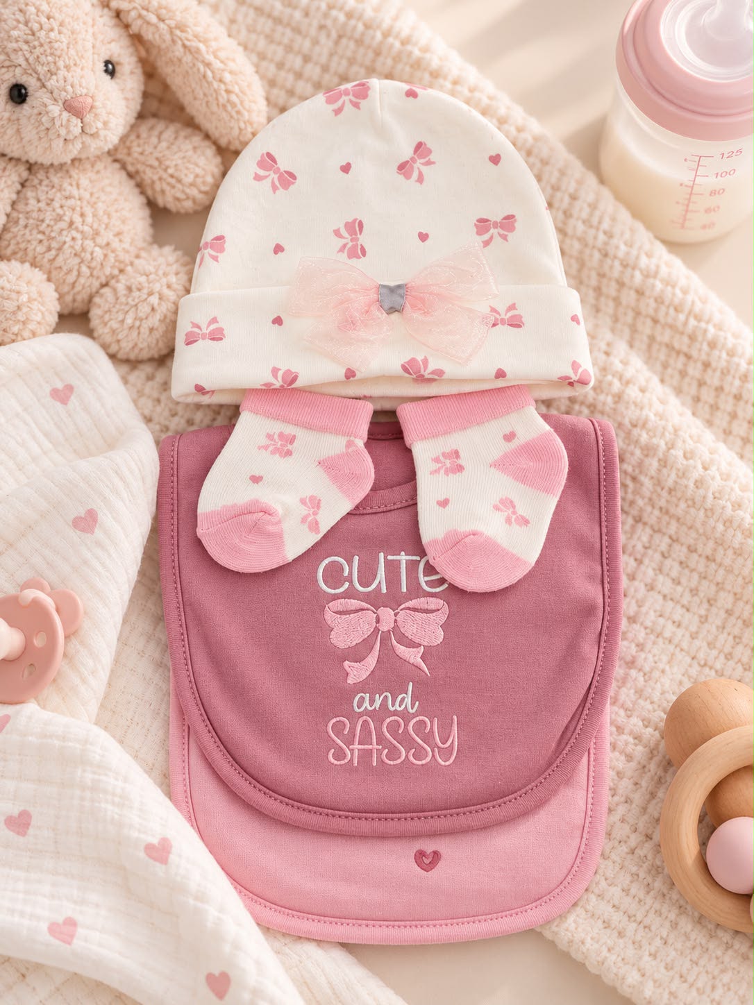 Baby Hat, Bib & Sock Set – Pink Bows & Hearts