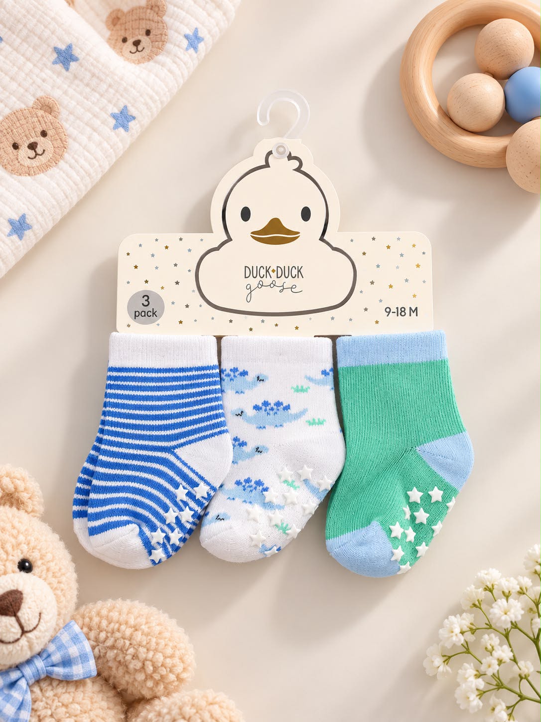 Baby Grip Socks – 3-Pair Blue & Green Dinosaur Set (9–18 Months)