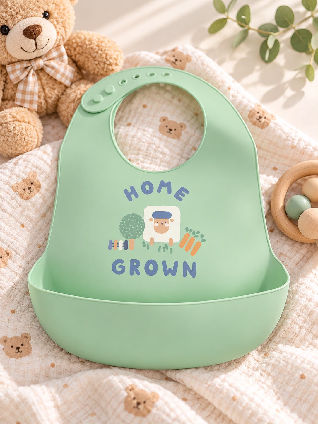 Baby Feeding Bib with Catch Pocket – Home Grown Green