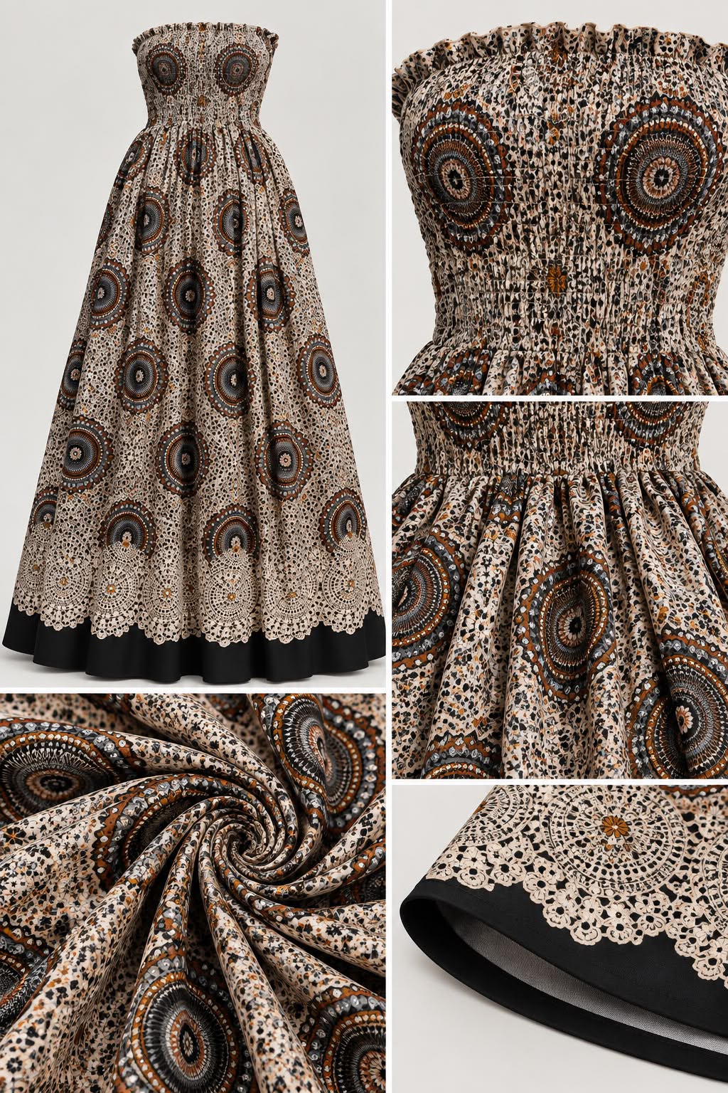 Bohemian Lace Medallion Smocked Maxi Dress