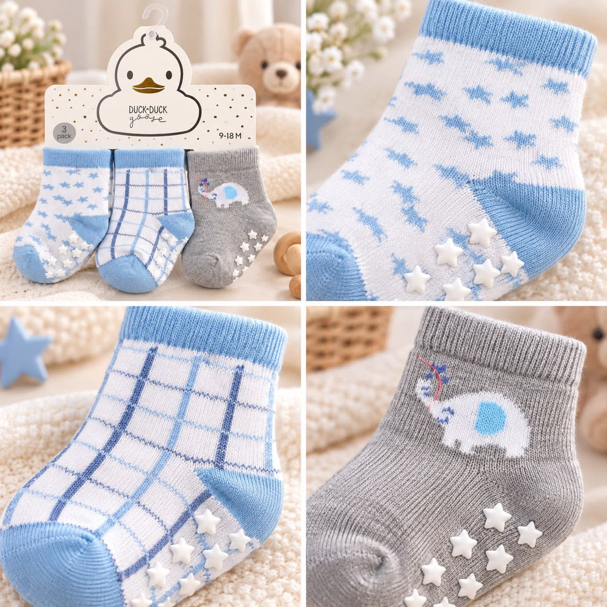 Baby Grip Socks – 3-Pair Blue & Grey Set (9–18 Months)