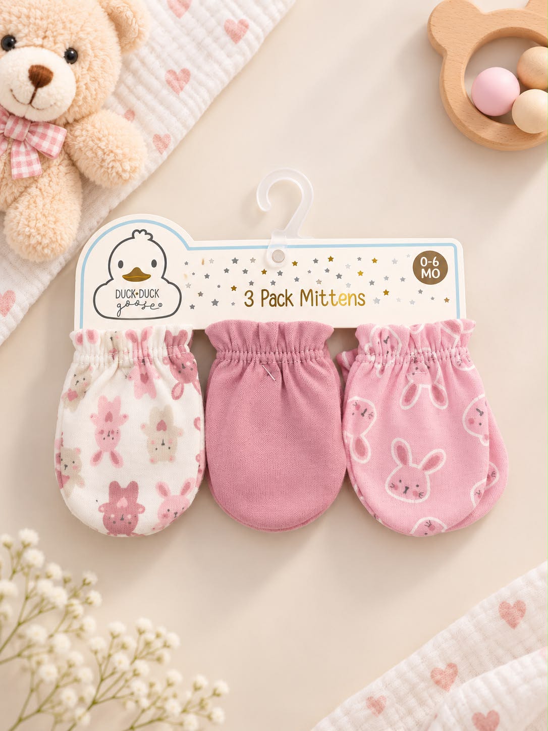 Baby Scratch Mittens – 3-Pair Pink Bunny Set (0–6 Months)