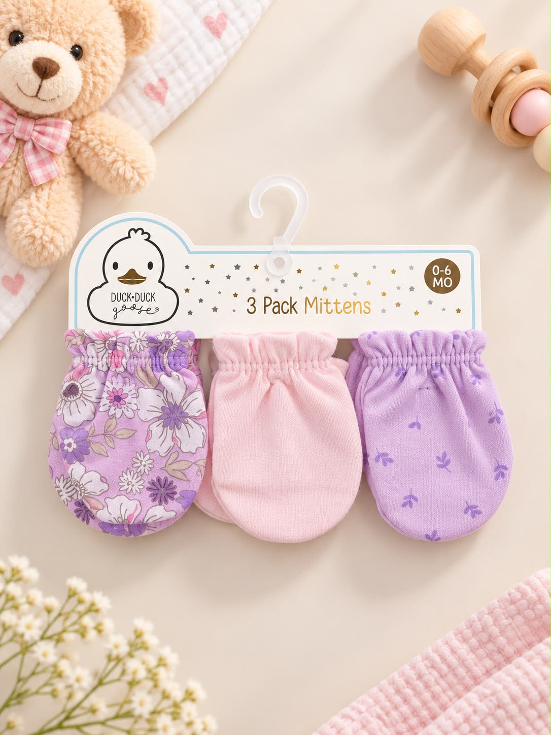 Baby Scratch Mittens – 3-Pair Pink & Purple Floral Set (0–6 Months)