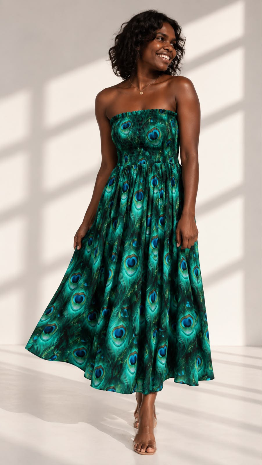Emerald Peacock Feather Maxi Dress