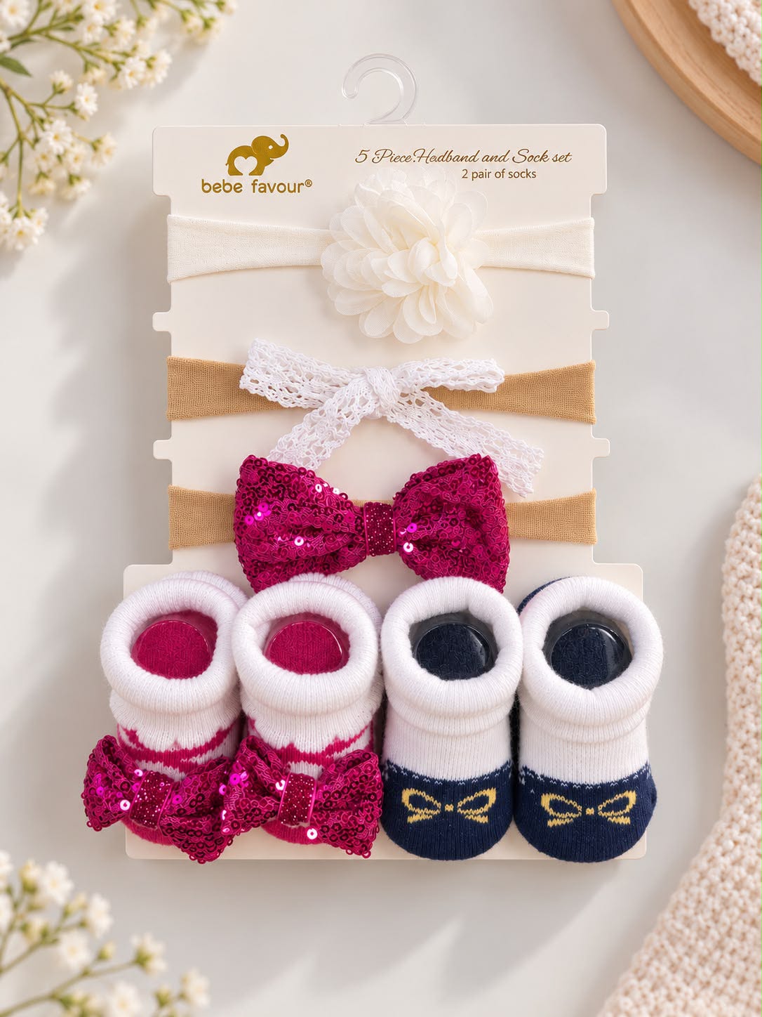 Baby Girls’ Headband & Sock Set – 5-Piece Sequin Bow & Flower