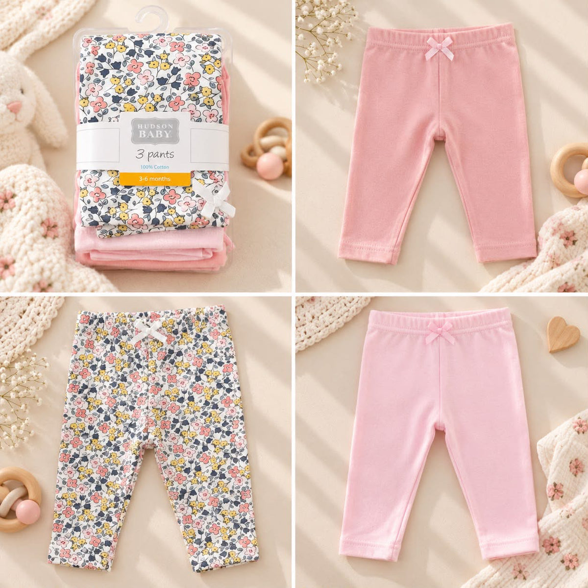 Hudson Baby Girls’ Cotton Pants 3-Pack – Pink & Floral (0–12 Months)