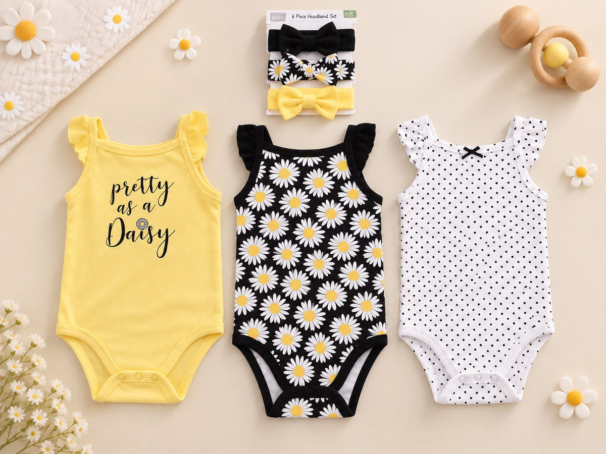 Baby Girls’ Frill Bodysuits & Bow Headbands – 6 Piece Set