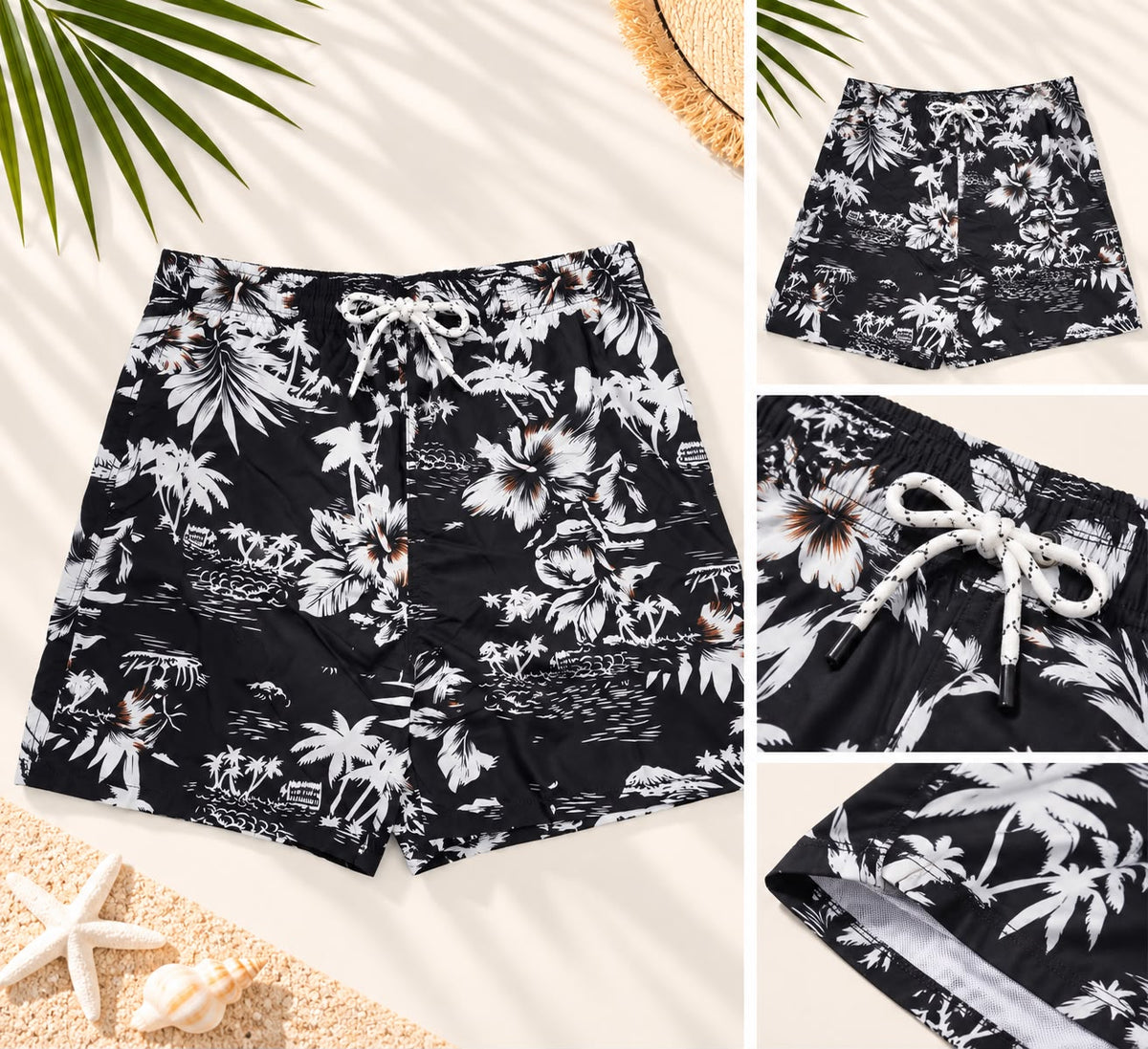Hawaiian Print Drawstring Shorts – Black & White