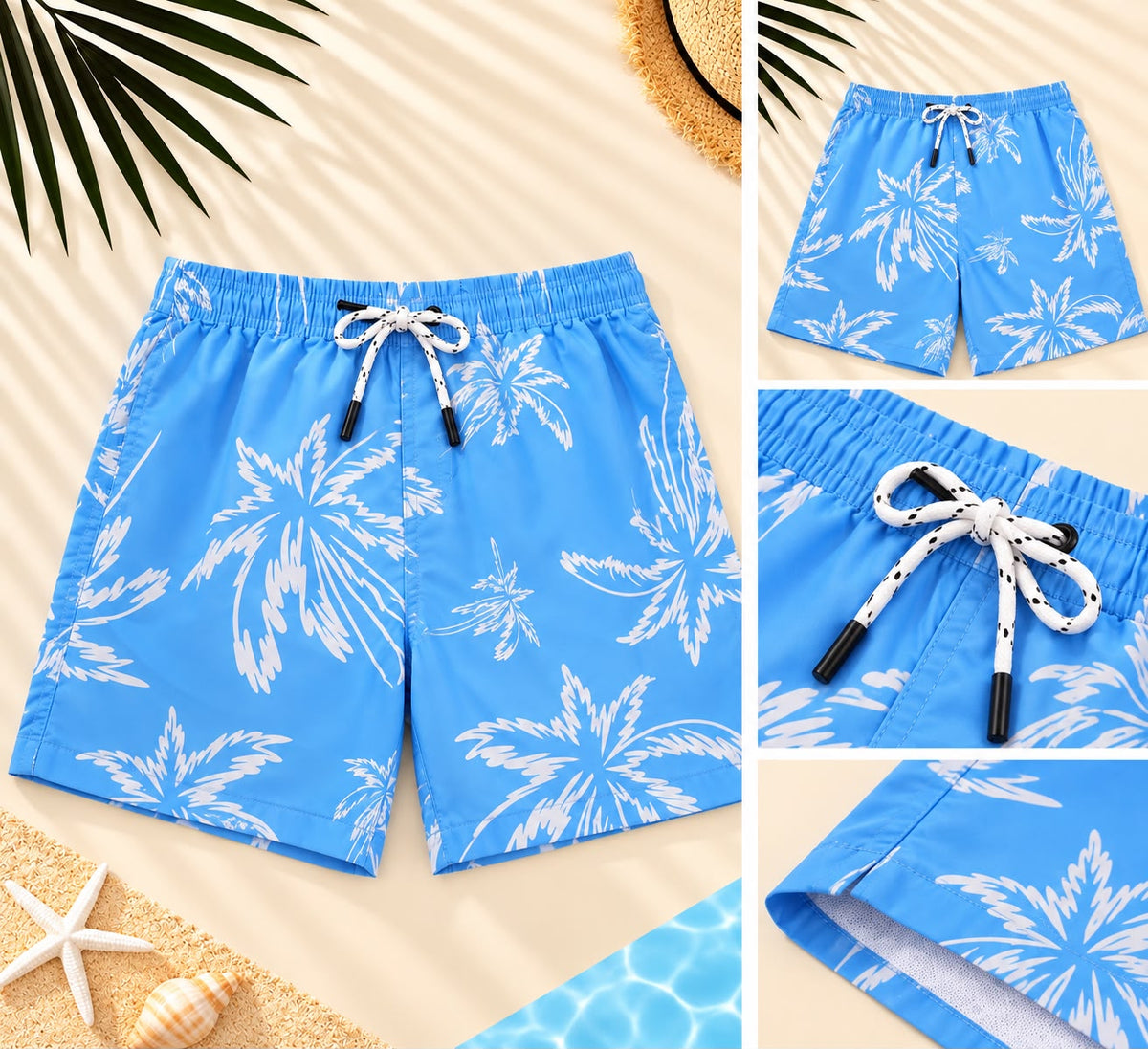 Palm Tree Print Drawstring Shorts – Blue