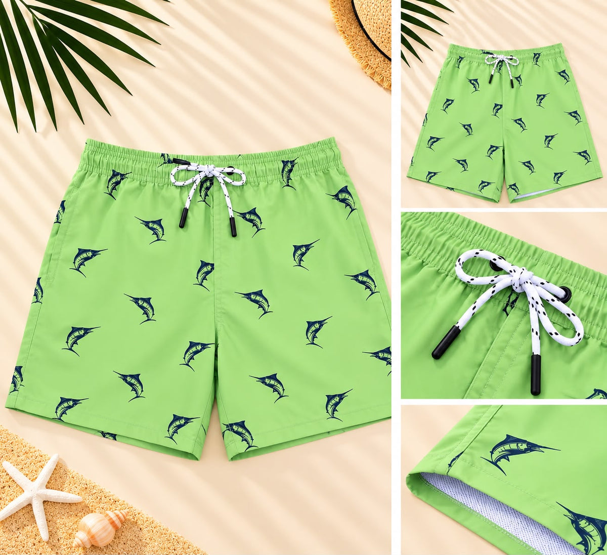 Marlin Print Drawstring Shorts – Lime Green