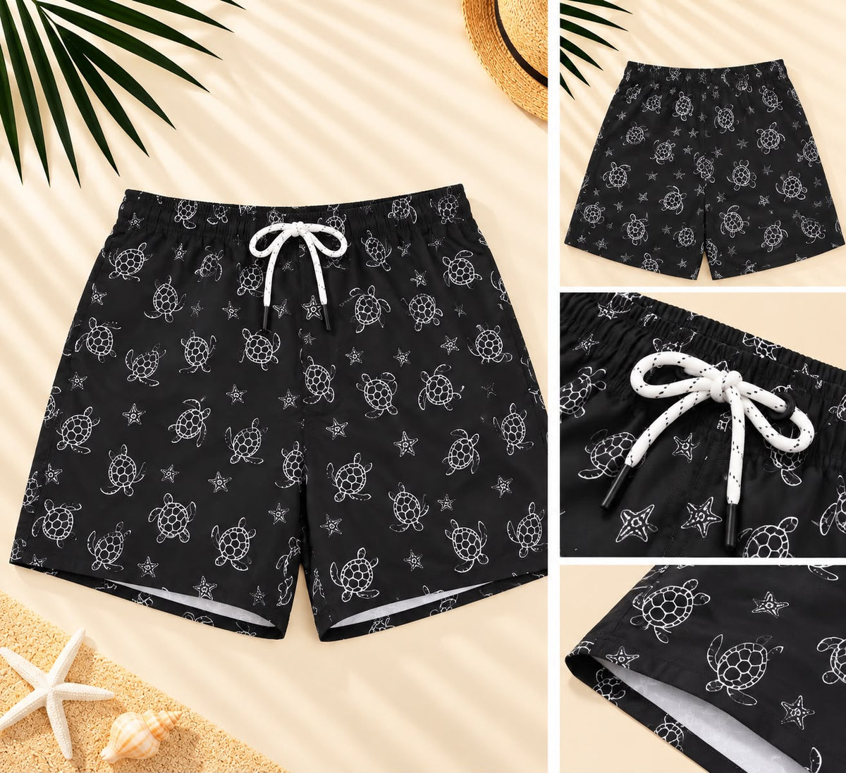 Turtle & Starfish Print Drawstring Shorts – Black