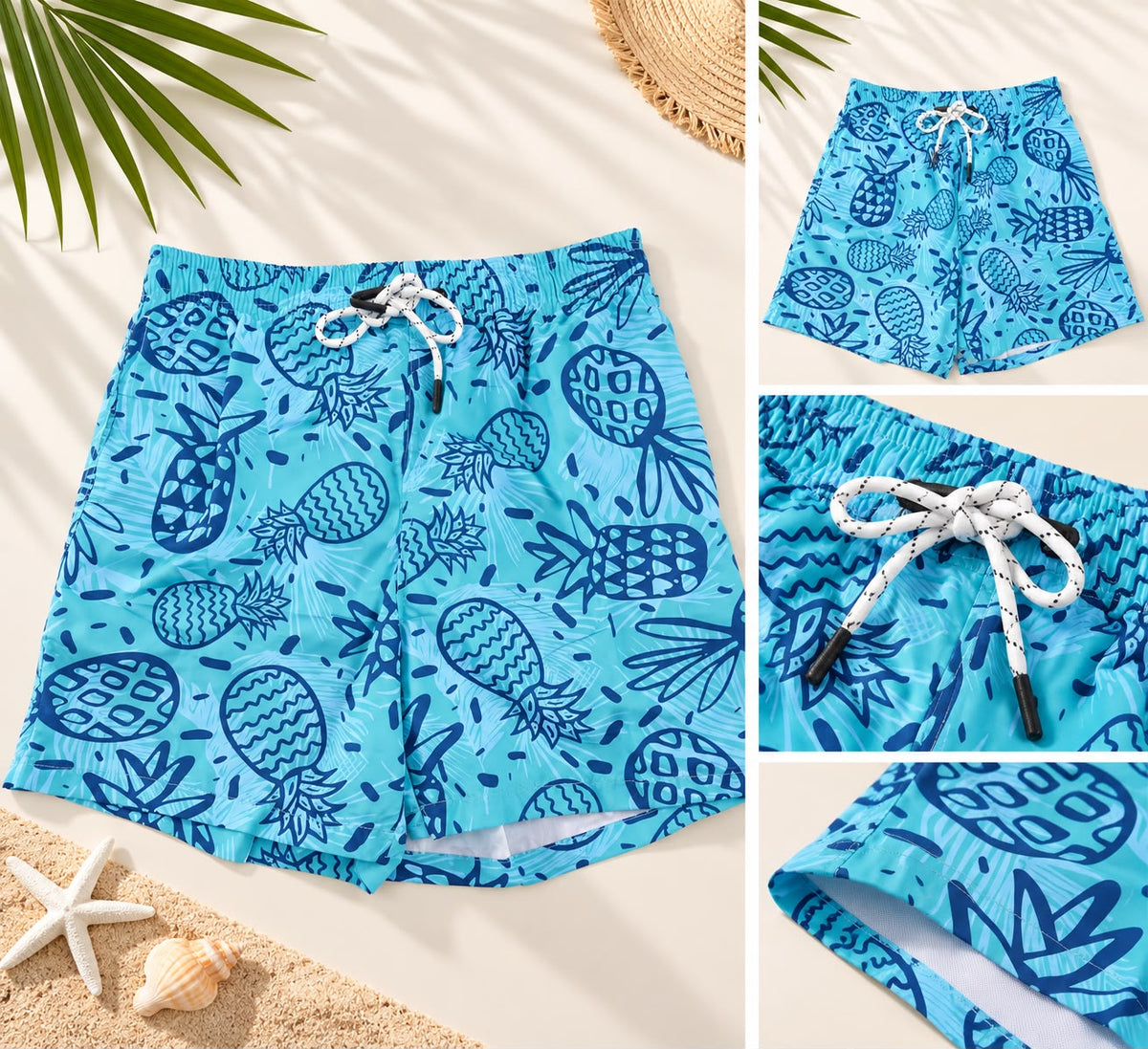 Pineapple Print Drawstring Shorts – Aqua Blue