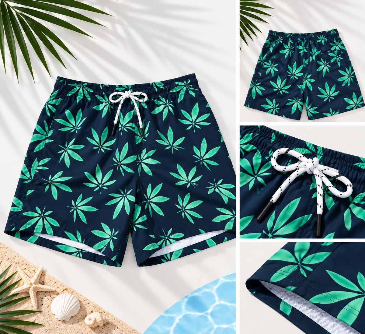 Green Leaf Print Drawstring Shorts – Black
