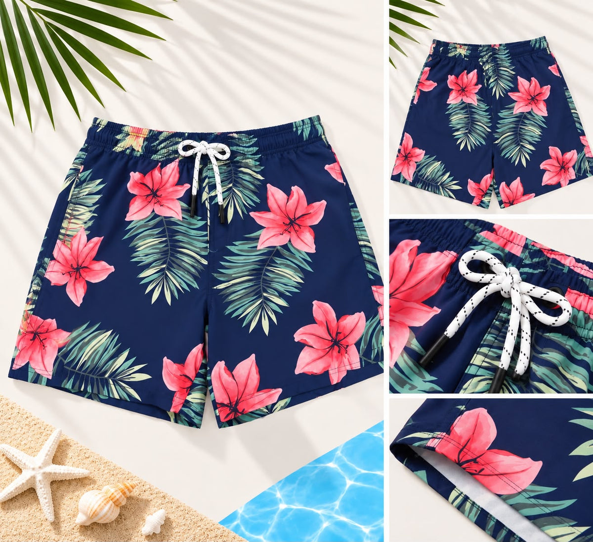 Men’s Tropical Floral Drawstring Shorts – Navy