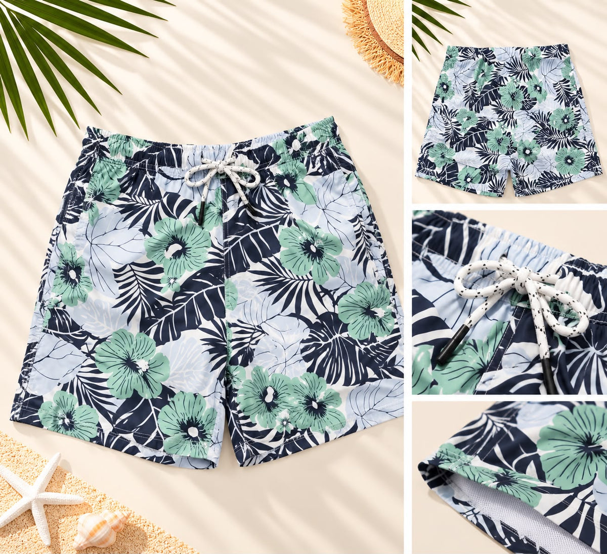 Hibiscus Print Drawstring Shorts – Mint & Navy