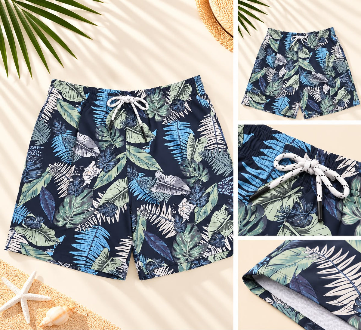Tropical Leaf Print Drawstring Shorts – Navy