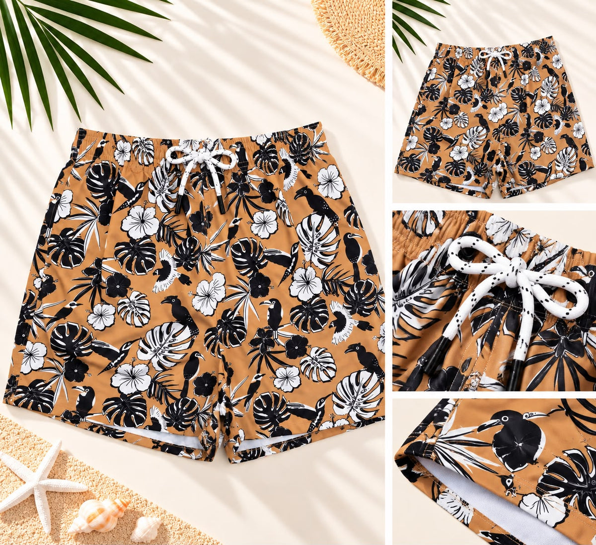 Tropical Bird Print Drawstring Shorts – Mustard