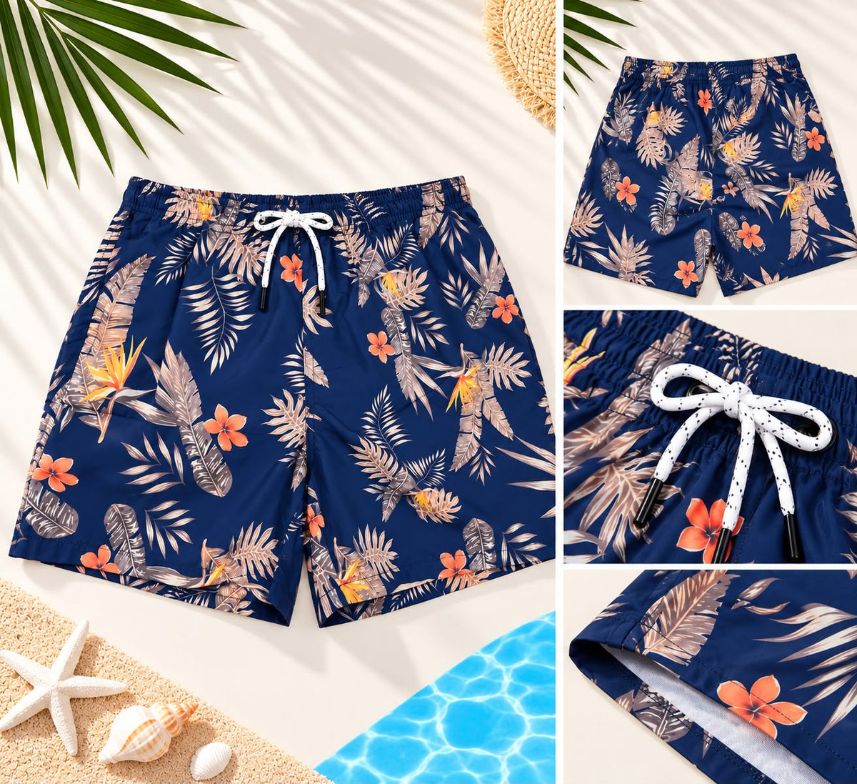 Tropical Botanical Print Drawstring Shorts – Navy