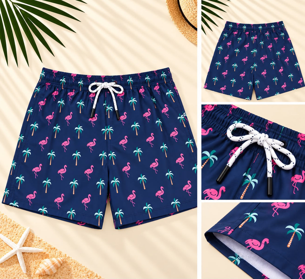Flamingo & Palm Tree Print Drawstring Shorts – Navy