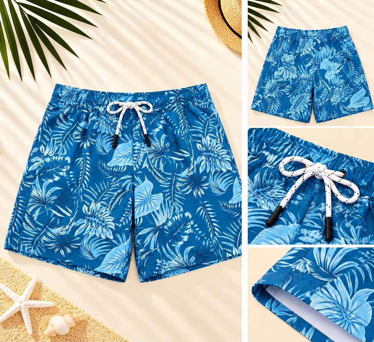 Tropical Leaf Print Drawstring Shorts – Blue