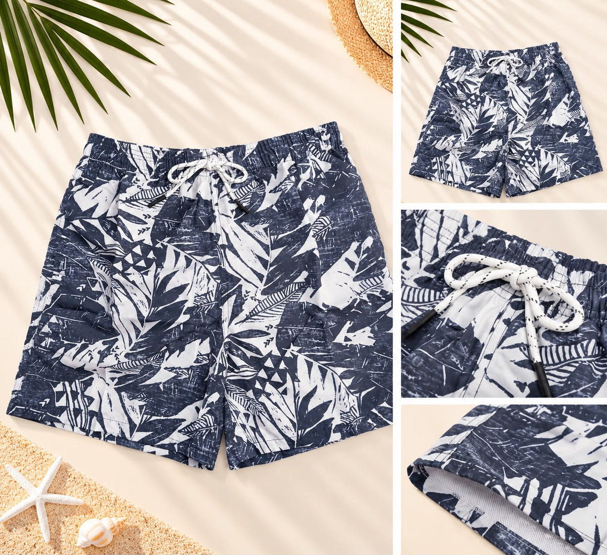 Abstract Leaf Print Drawstring Shorts – Navy & White