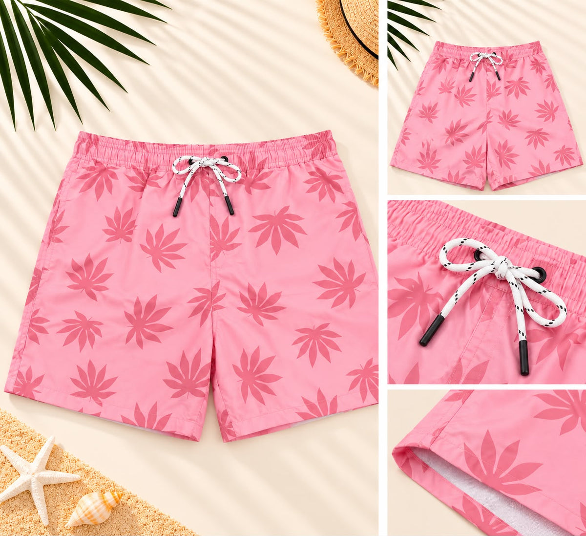 Leaf Print Drawstring Shorts – Pink