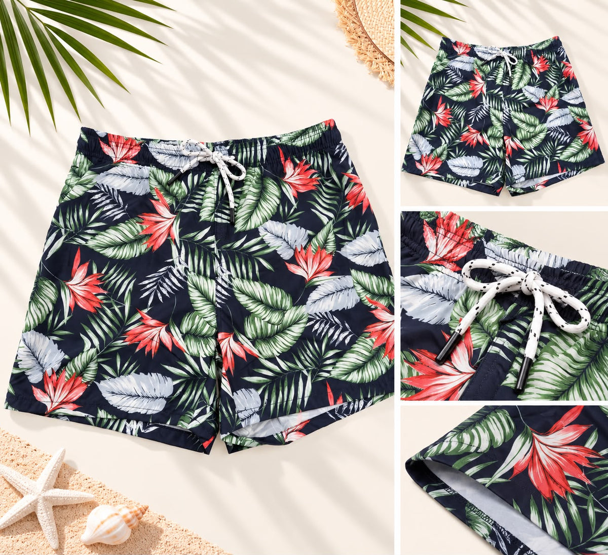 Mens Beach Shorts LR1-16 Black Red Flower