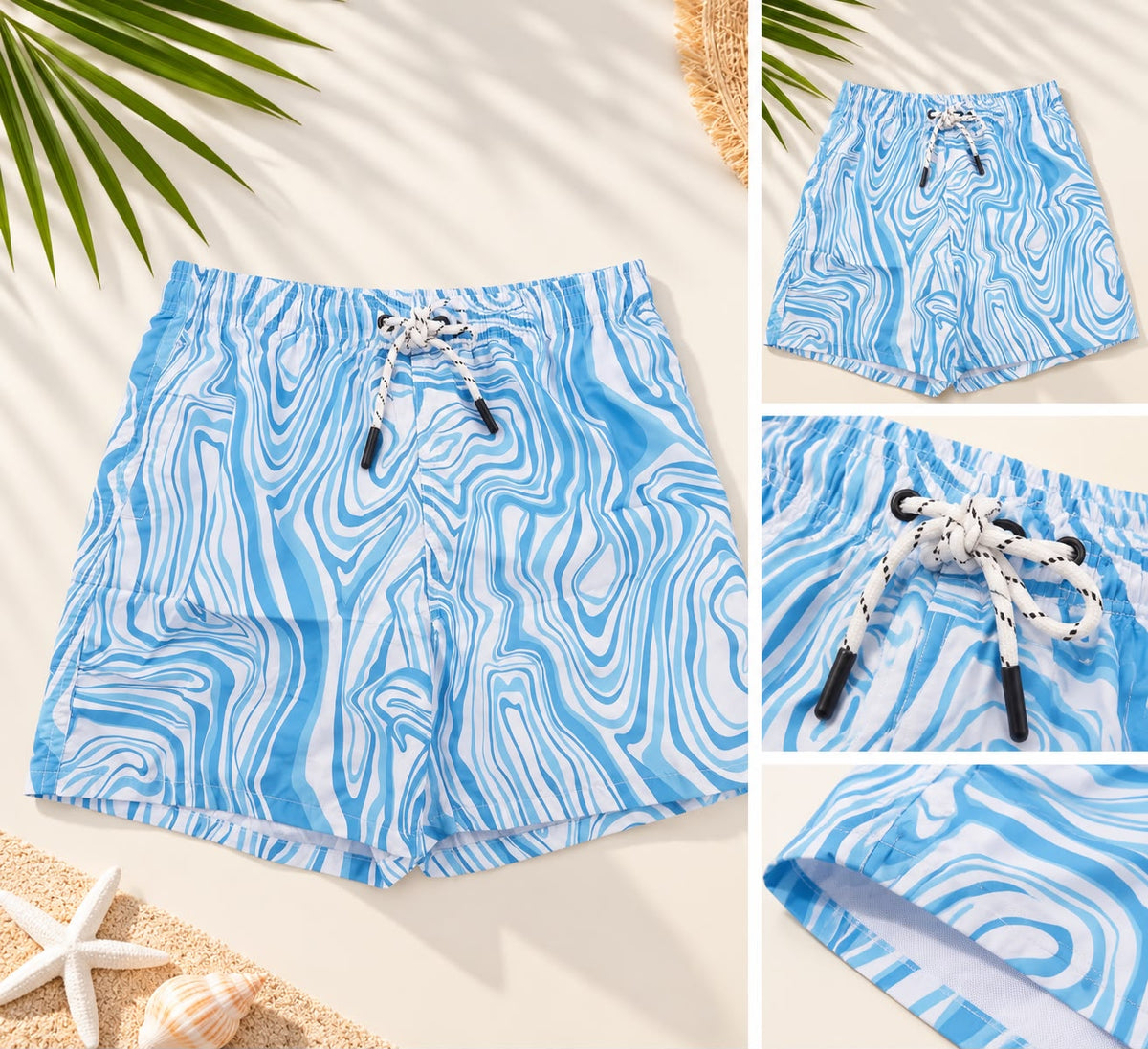 Abstract Swirl Print Drawstring Shorts – Blue & White