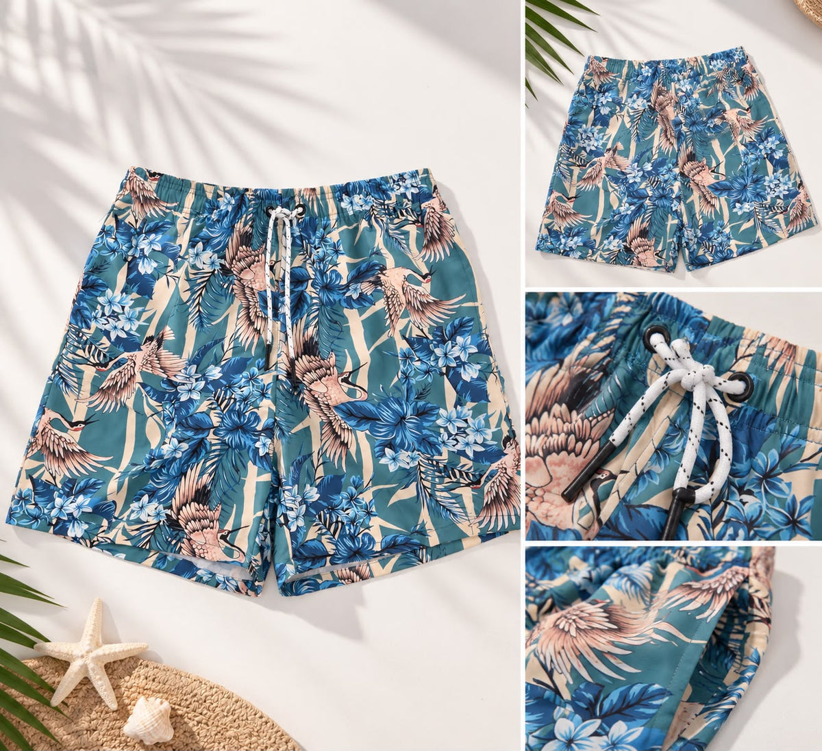 Crane & Floral Print Drawstring Shorts – Teal