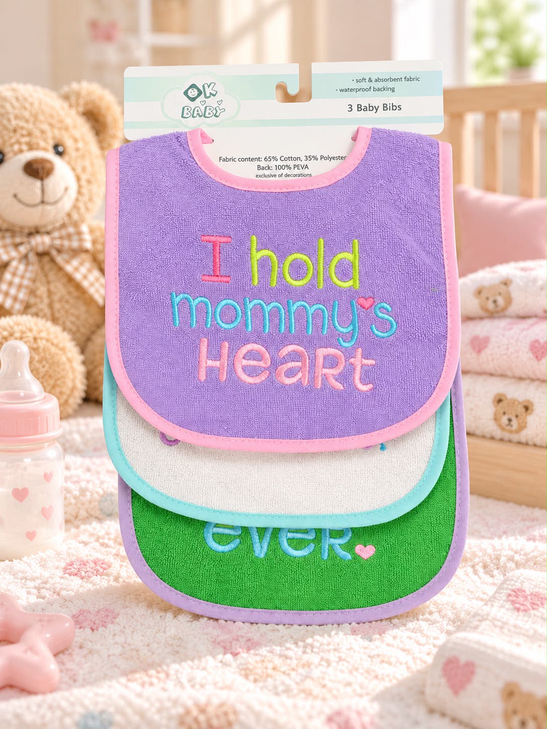 Embroidered Baby Bibs with Waterproof Backing – 3 Pack