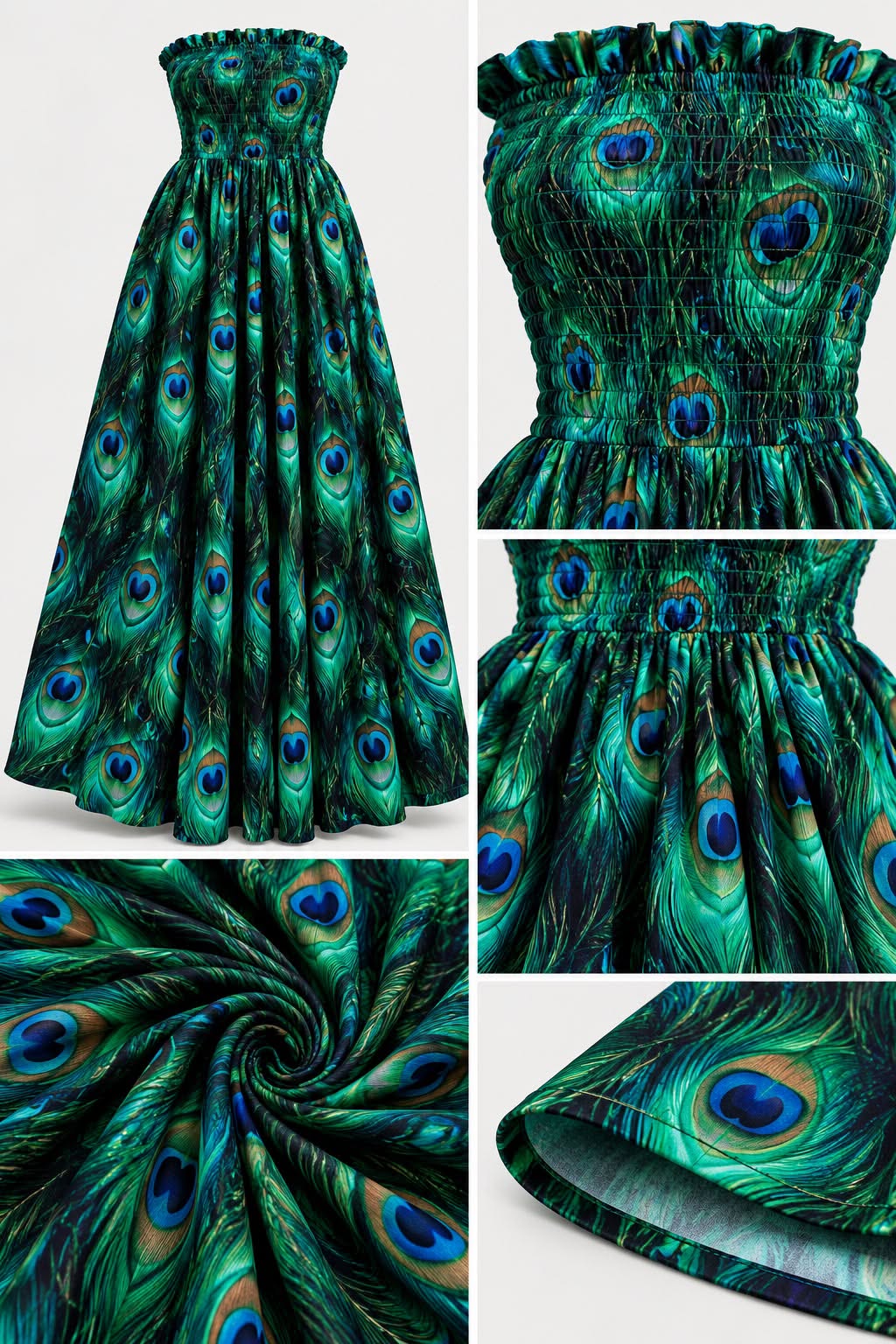 Emerald Peacock Feather Maxi Dress