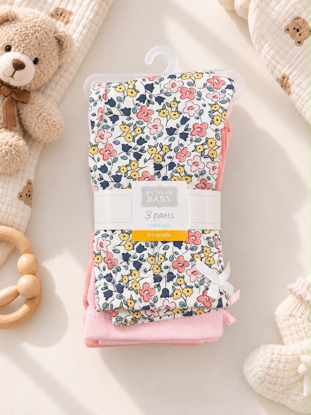 Hudson Baby Girls’ Cotton Pants 3-Pack – Pink & Floral (0–12 Months)