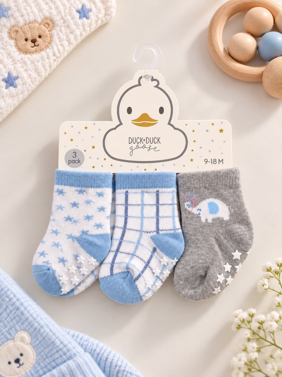 Baby Grip Socks – 3-Pair Blue & Grey Set (9–18 Months)