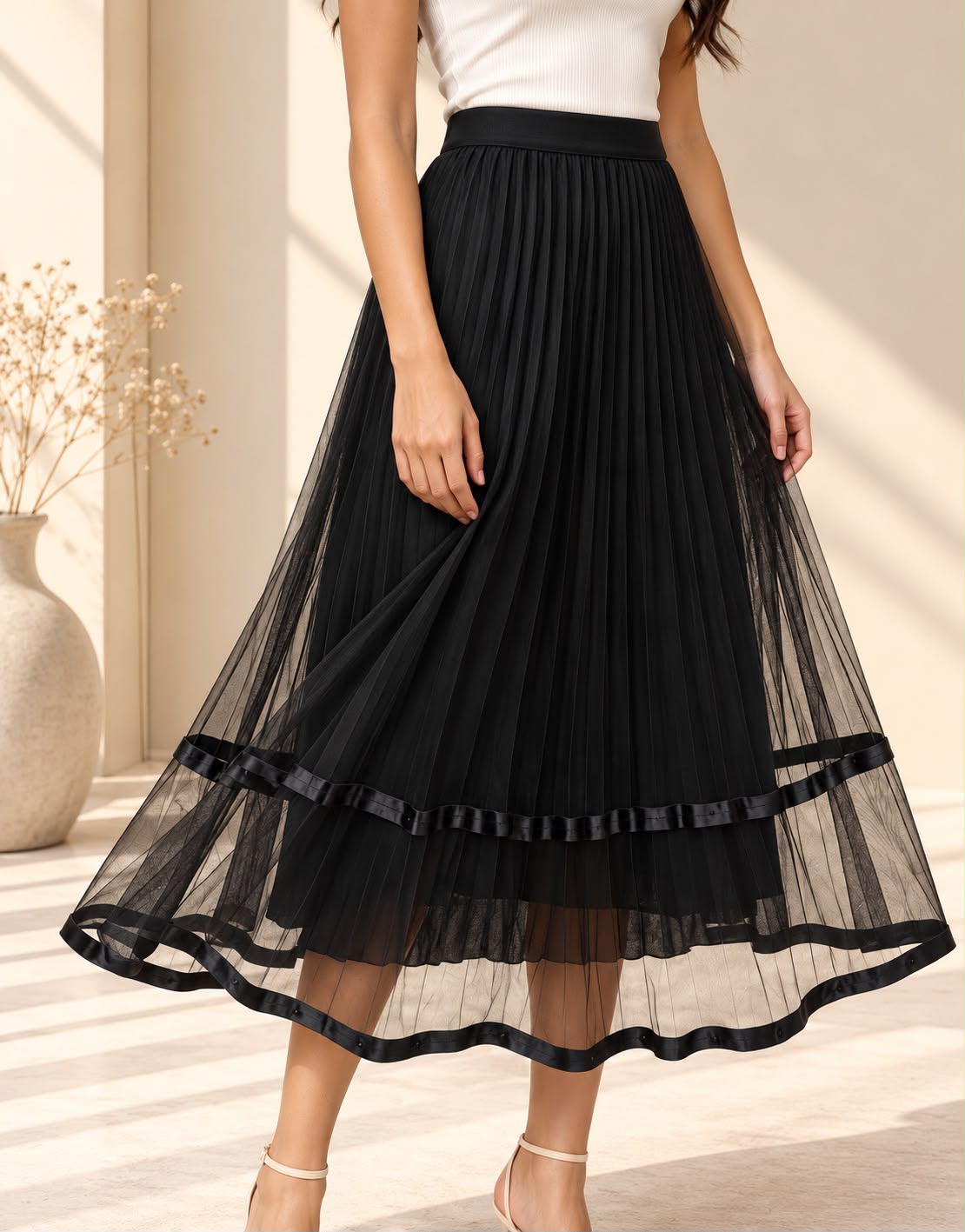 Pleated Mesh Midi Skirt – Black