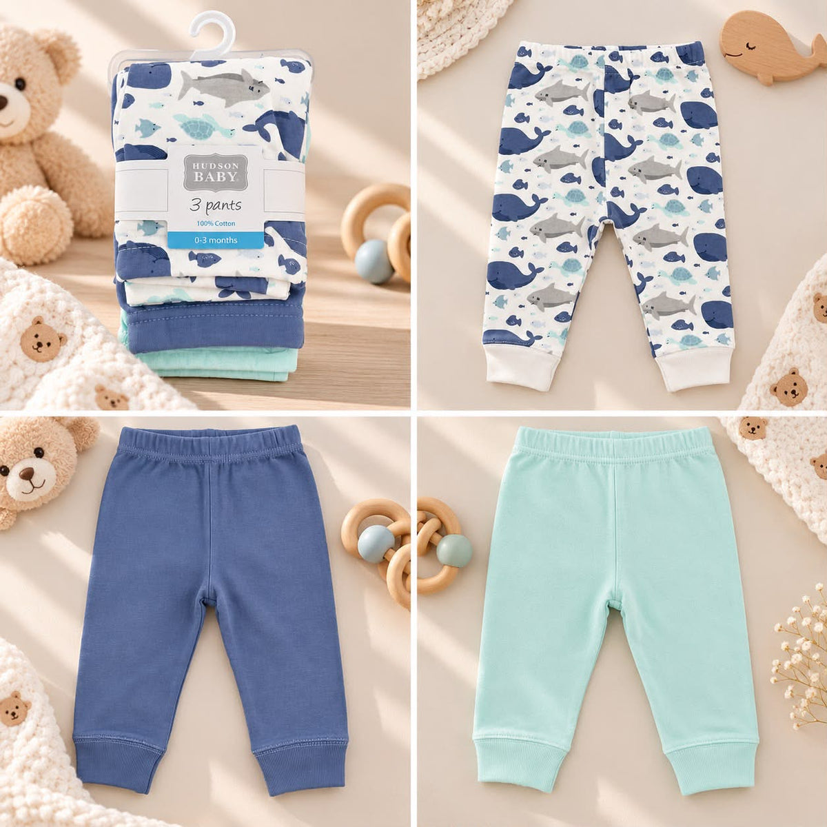Hudson Baby Cotton Pants 3-Pack – Ocean Animals (0–12 Months)