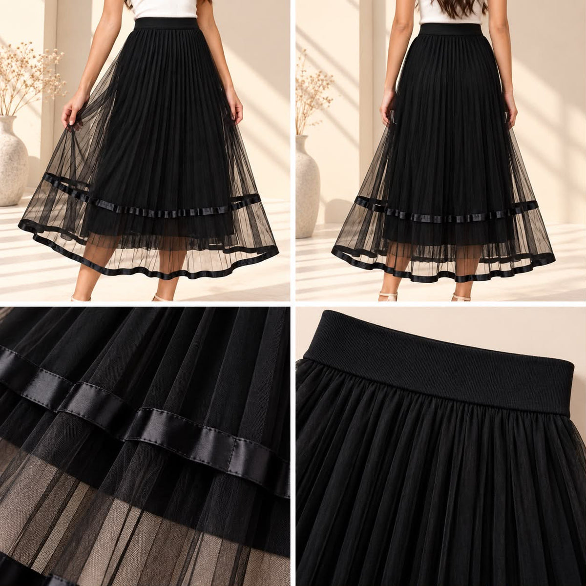Pleated Mesh Midi Skirt – Black
