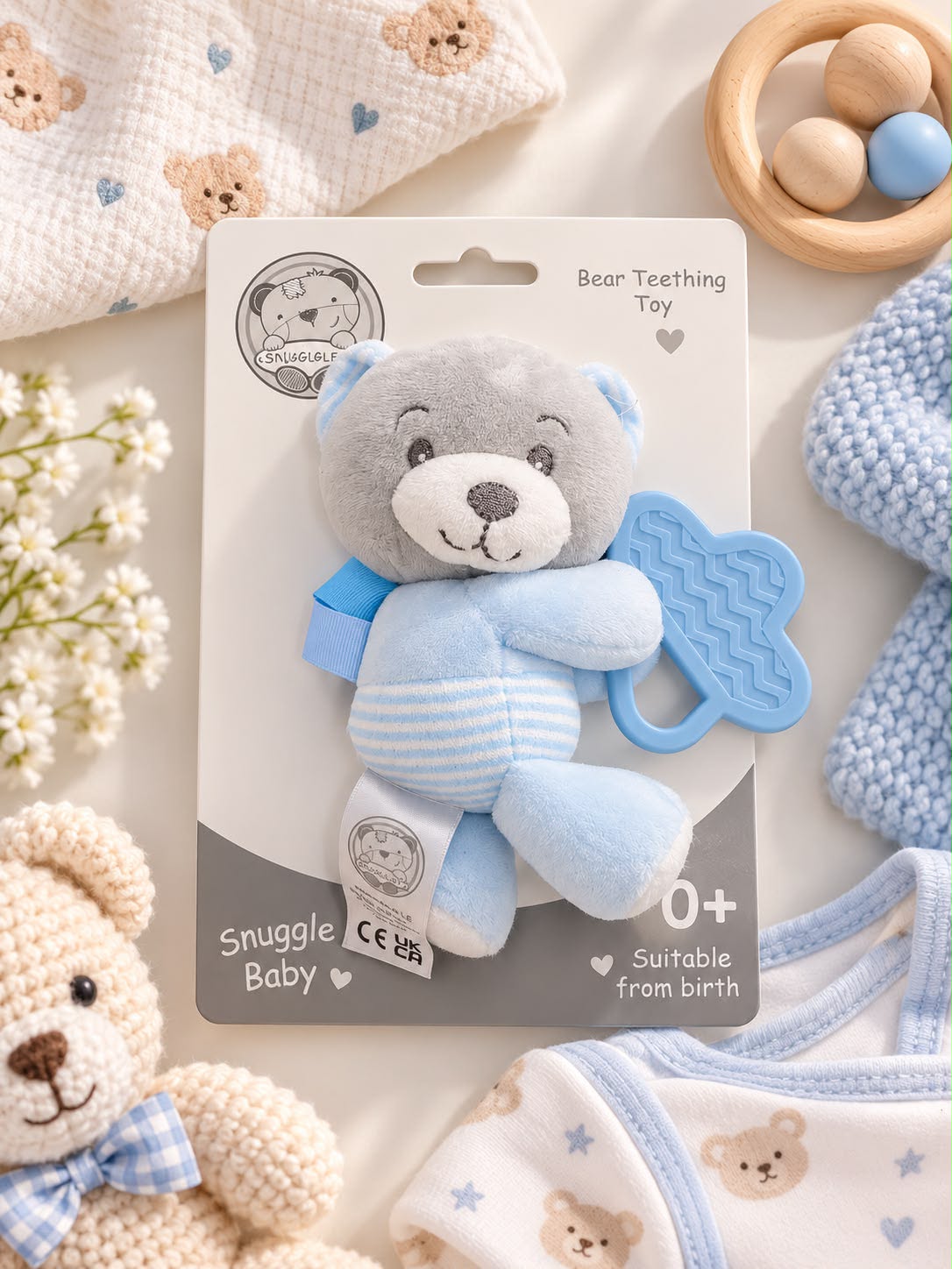 Snuggle Baby Plush Bear Teething Toy – Pink or Blue