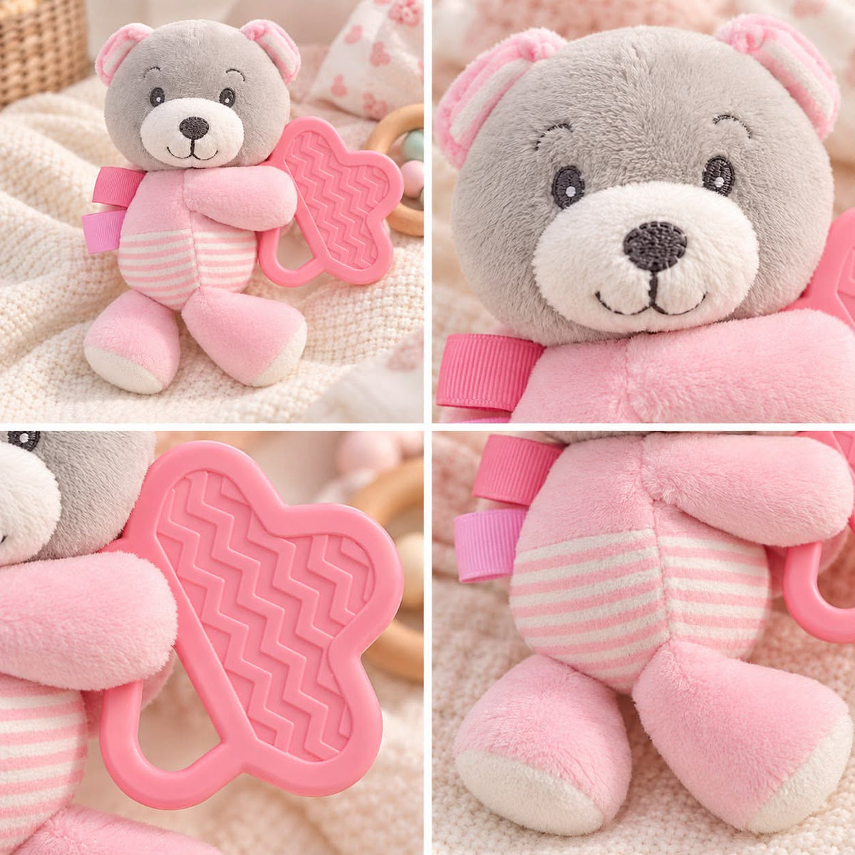 Snuggle Baby Plush Bear Teething Toy – Pink or Blue