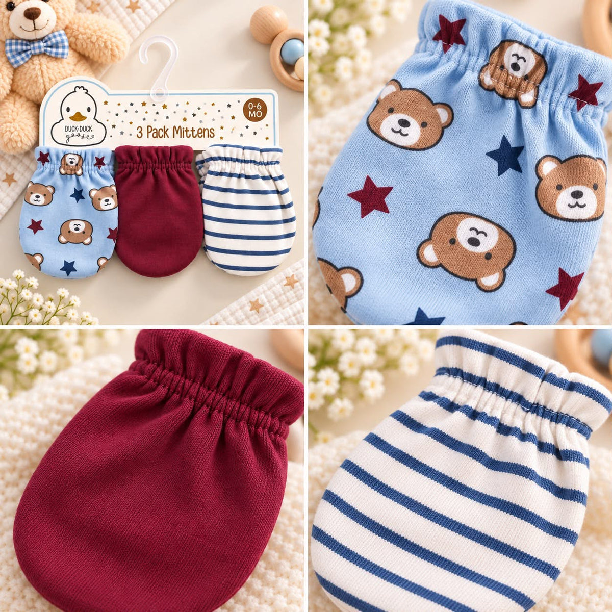 Baby Scratch Mittens – 3-Pair Bear & Stripe Set (0–6 Months)