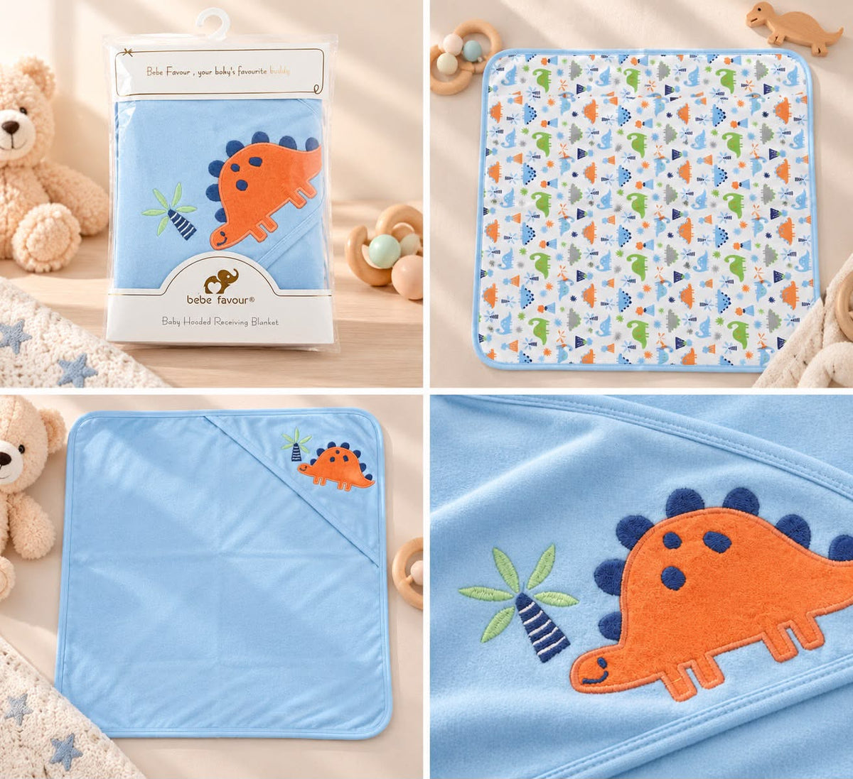 Bebe Favour Baby Hooded Blanket – Blue Dinosaur