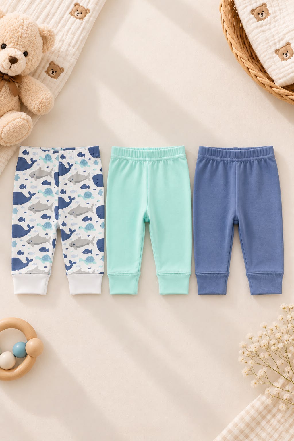 Hudson Baby Cotton Pants 3-Pack – Ocean Animals (0–12 Months)
