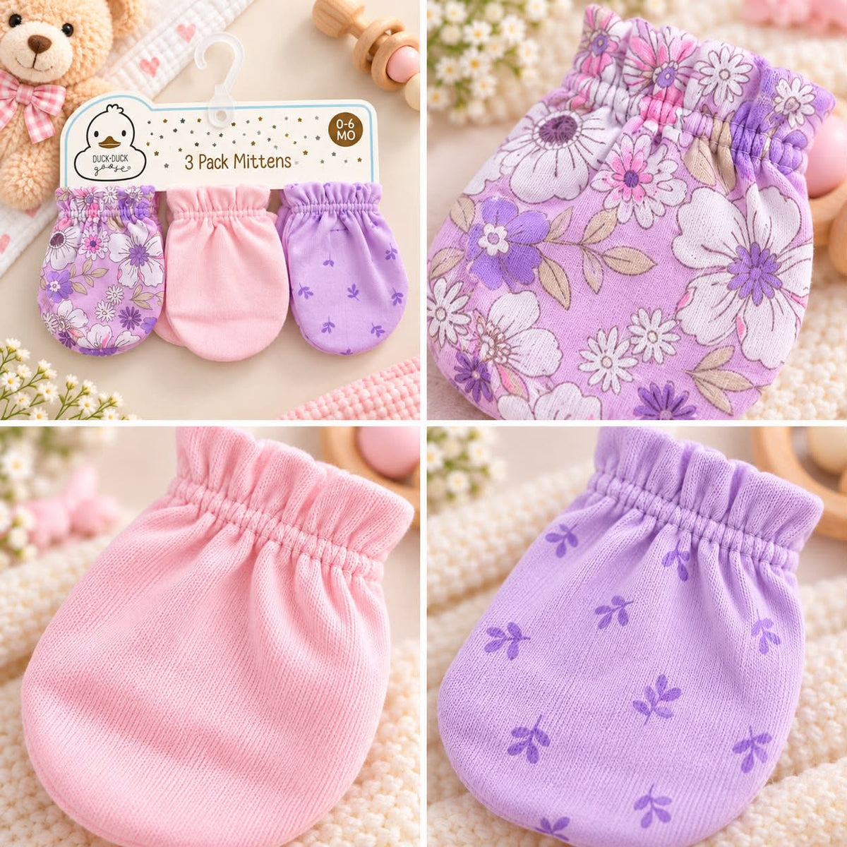 Baby Scratch Mittens – 3-Pair Pink & Purple Floral Set (0–6 Months)