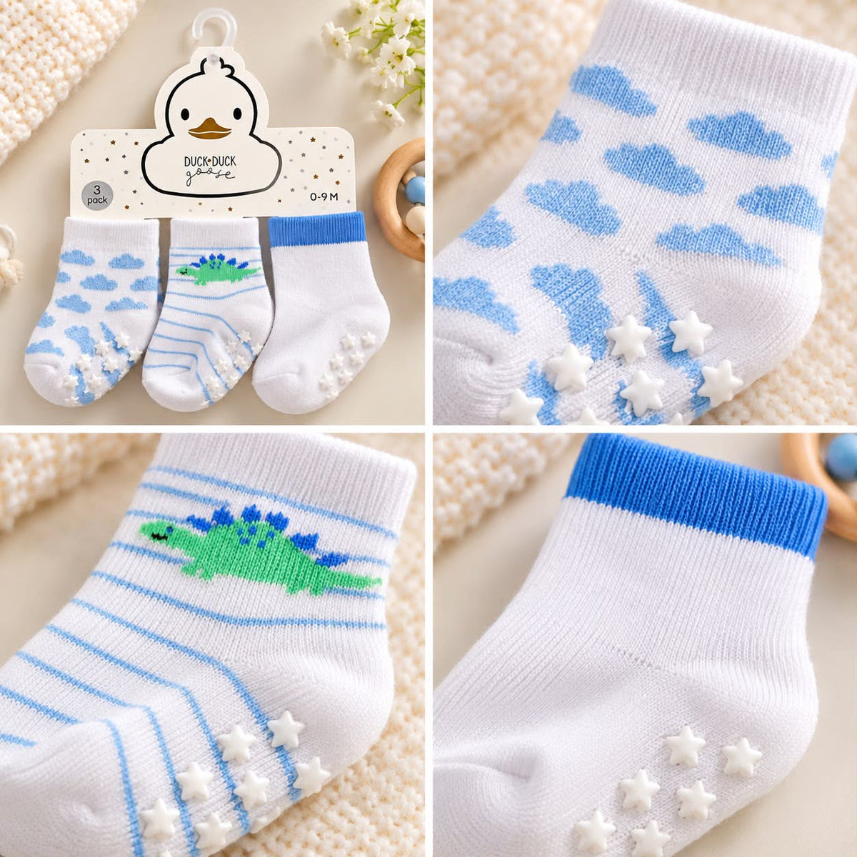 Baby Grip Socks – 3-Pair Dinosaur & Cloud Set (0–9 Months)