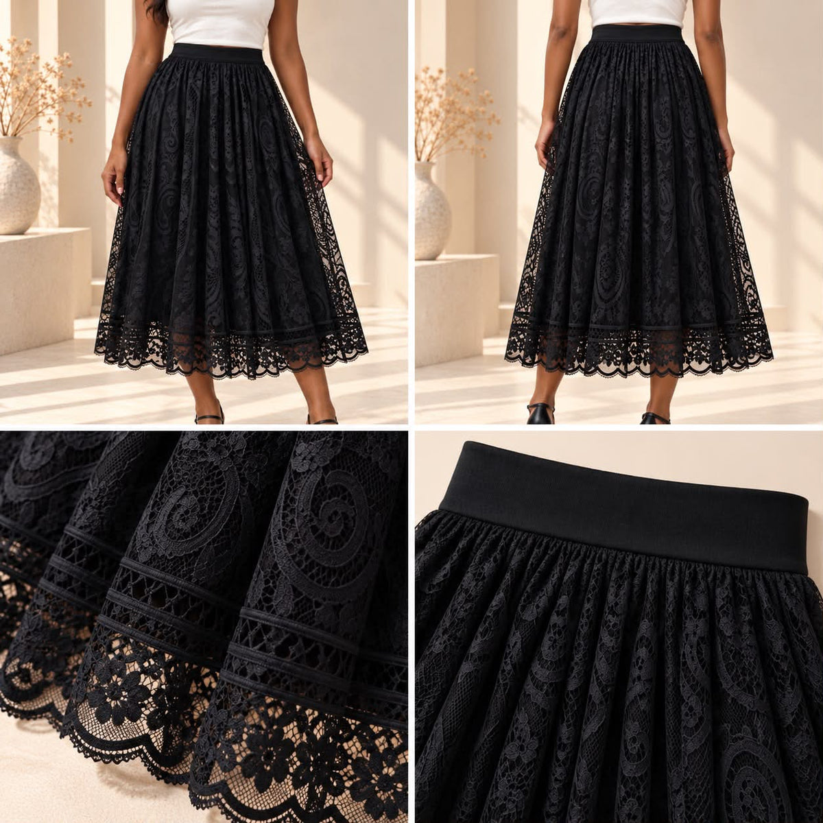 Scalloped Lace Midi Skirt – Black