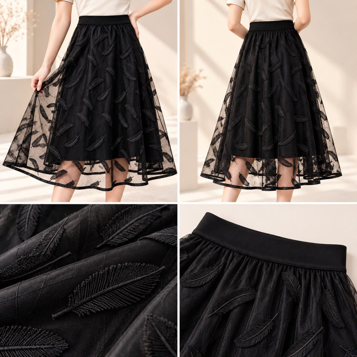 Feather Embroidered Mesh Midi Skirt – Black