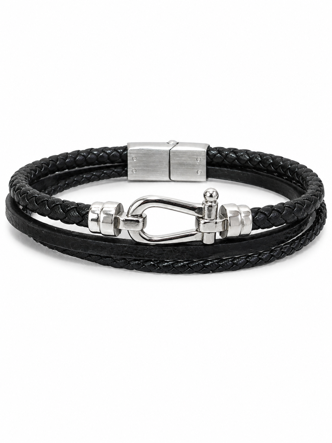 Black Braided Leather Bracelet with Gold-Tone Clasp