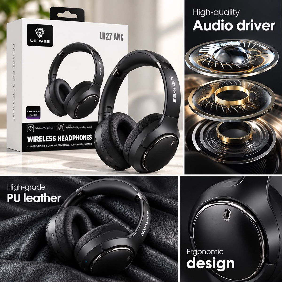 Lenyes LH27 Wireless Over-Ear Headphones with Hybrid ANC – Black