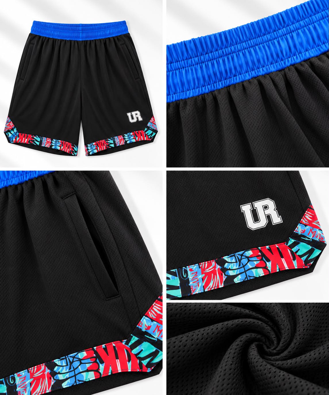 Men’s UR Mesh Basketball Shorts – Black with Blue Waistband & Printed Trim